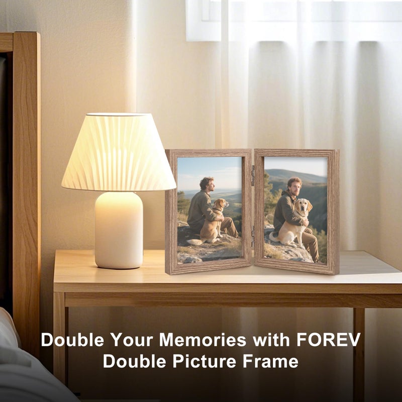 Forev 3.5x5 Double Picture Frame Wooden Hinged Photo Frame Definition Glass Stand Vertically on Desktop or Tabletop - Image 2